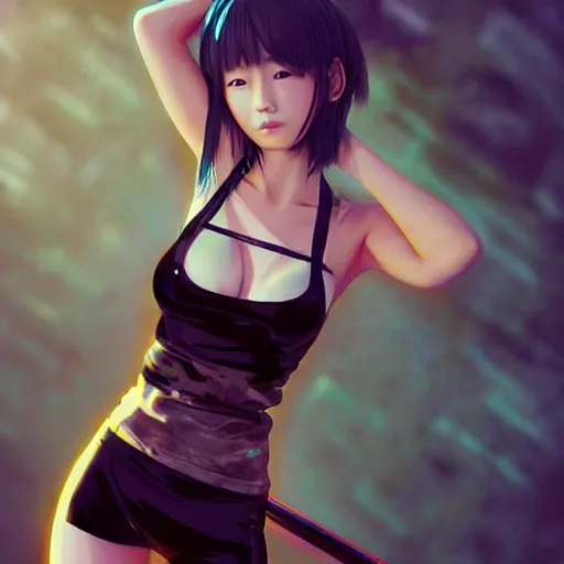 Prompt: a beautiful young japanese eimi fukada alluring instagram model in elaborate latex tank top, jrpg tank top made from latex demon faces, concept art by akira toriyama and wlop and ilya kuvshinov and artgerm. aesthetic, gorgeous, stunning, alluring, attractive, artstation, deviantart, pinterest, digital art