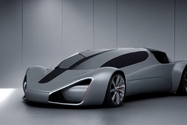 Image similar to A futuristic super-car made of a slick grey scaled metal, professional garage photograph.