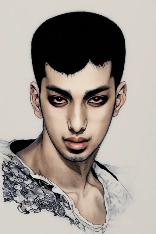 Image similar to beautiful medium shot manga portrait of mahmood inspired by ayami kojima with short hair dressed with a white t - shirt, white background white bank studio light, art by yoshitaka amano, hiroaki samura, jiro matsumoto and yusuke murata, sharp focus, high quality, 8 k