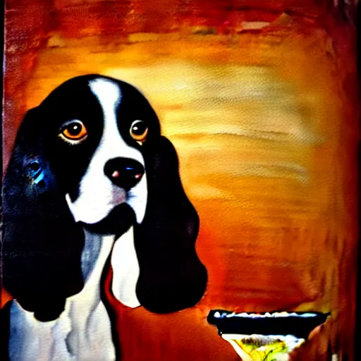 Prompt: a painting of a spaniel at a smokey bar with a Martini, renaissance, light effect