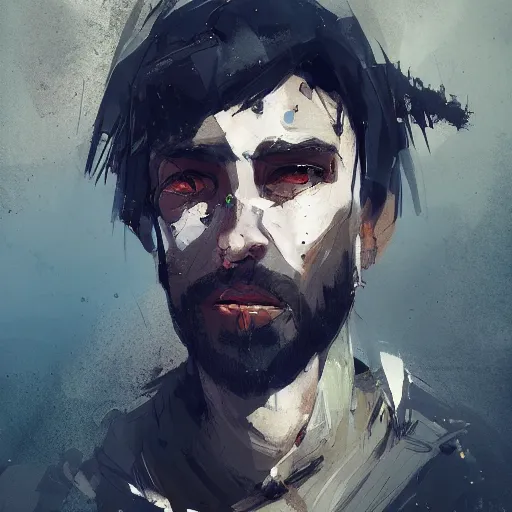 Prompt: human male character portrait, by Ismail Inceoglu, black hair, beard, scars, dark eyes, shabby clothes, art, dungeons and dragons, digital art
