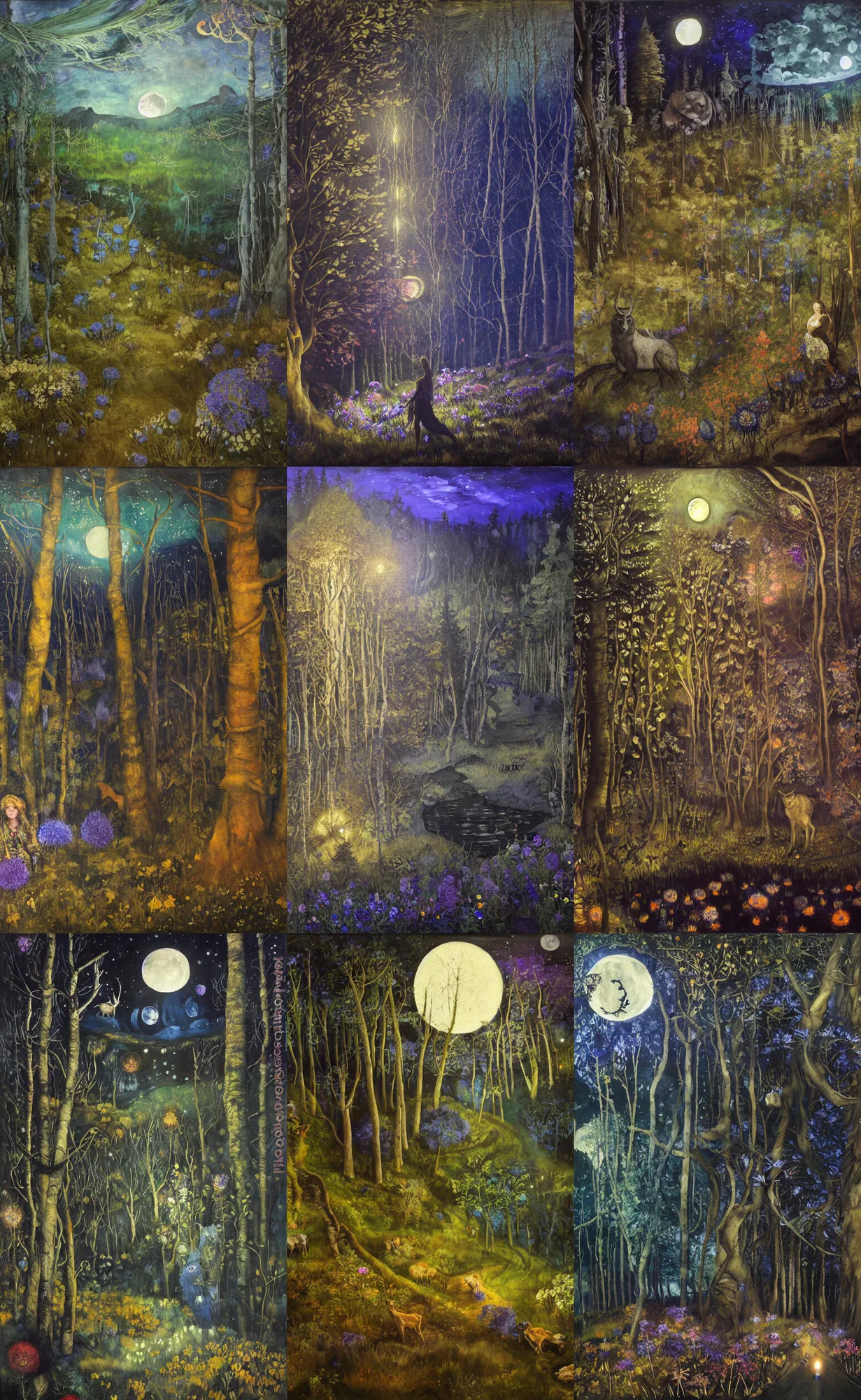 Prompt: painterly dreamy dark midnight hill in the forest with trees, flowers, glowing owls, deers, women, lianas, thistles, fantasy creatures, a stream and sky with moon and stars by Mikhail Vrubel, dark fantasy, witcher, very detailed oil painting in the alla prima style, masterpiece, 8k