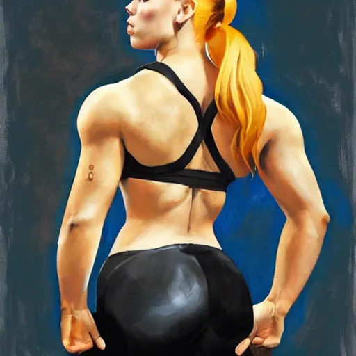 Image similar to greg manchess portrait of thick muscular weightlifter zarya from overwatch with ponytail and blond hair played by scarlett johansson showing back muscles, medium shot, asymmetrical, profile picture, organic painting, sunny day, matte painting, bold shapes, hard edges, street art, trending on artstation, by huang guangjian and gil elvgren and sachin teng