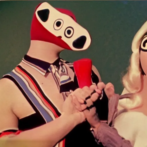 Image similar to 1970 woman on tv show wearing a mask with a long prosthetic nose, prosthetic eyeballs, wearing a leotard on the hillside 1970 color archival footage color film 16mm holding a hand puppet Fellini Almodovar John Waters Russ Meyer Doris Wishman