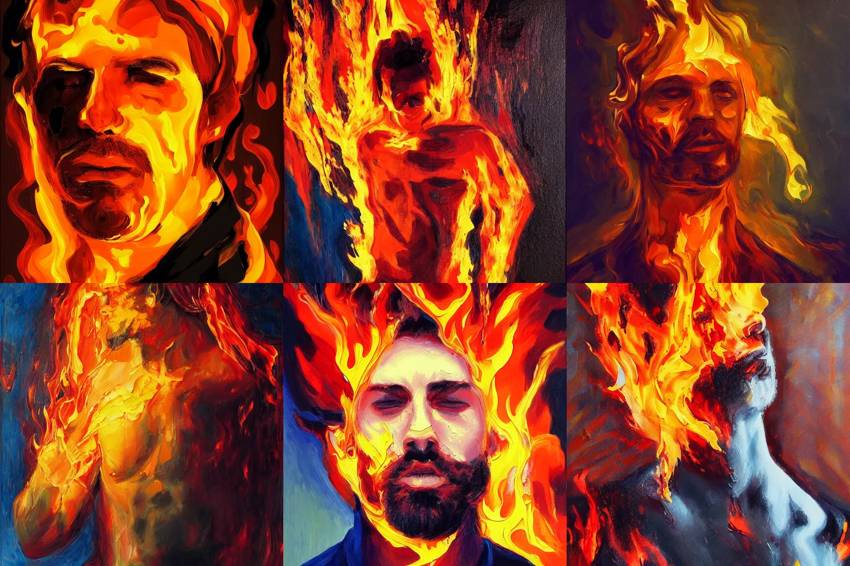 Prompt: abstract painting of man engulfed in flames. Handsome. Long hair. portrait. ArtStation. Impressionist