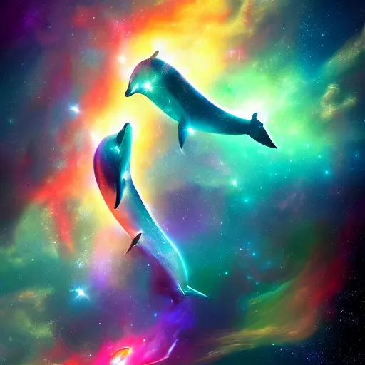 Prompt: digital illustion of a pod of majestic cosmic dolphins swimming through a nebula in space, deviantArt, artstation, artstation hq, hd, 4k resolution