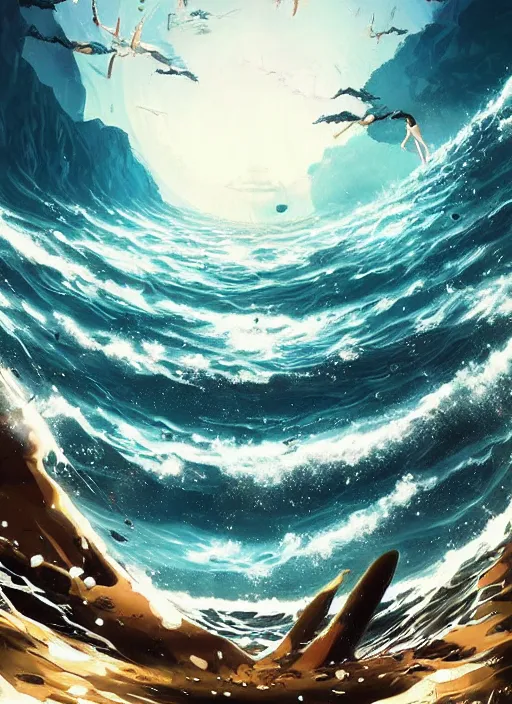 Prompt: An epic fantastic atmospheric comic book style painting of a ancient godnesses battling over the sea, fisheye lens, Makoto Shinkai, Ghibli, atmospheric, concept art, saturation 8，DAZ, dynamic lighting