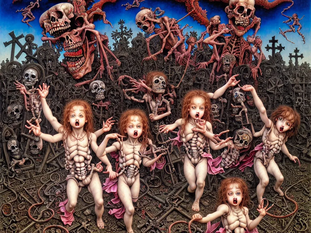 Prompt: realistic detailed image of a little girls and boys playing with skeletons and imps demons at an old huge soviet cemetery graveyard. by ayami kojima, amano, karol bak, greg hildebrandt, and mark brooks, rich deep colors. beksinski painting, art by takato yamamoto. masterpiece