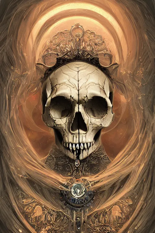 Image similar to portrait of jewel bone-skull oracle physically accurate, moody dynamic lighting, very very intricate, very very elegant, highly detailed, digital painting, artstation, in the style of Rob Lefield and Dan Mumford , trending on artstation, digital art,surrealism ,macro,blueprint ,vaporwave ,