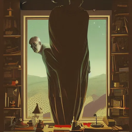 Prompt: poster artwork by Michael Whelan and Tomer Hanuka, Karol Bak of the last alchemist looks out his window at the stars, from scene from Twin Peaks, clean, simple illustration, nostalgic, domestic, full of details