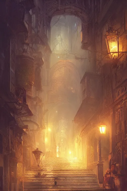 Image similar to inside the antique city of Avalon at dusk, intricate, elegant, volumetric lighting, digital painting, highly detailed, artstation, sharp focus, illustration, concept art, ruan jia, steve mccurry