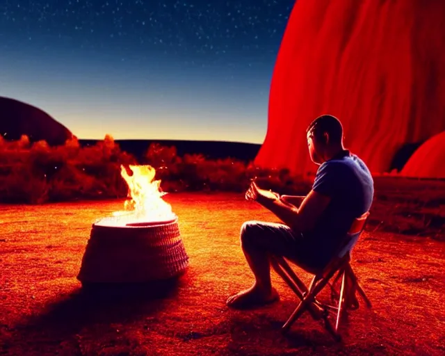 Image similar to close - up of man sitting playing medicine drum at campfire under cosmic night sky with uluru in background, global illumination radiating a glowing aura global illumination ray tracing hdr render in unreal engine 5, dramatic atmospheric volumetric lighting