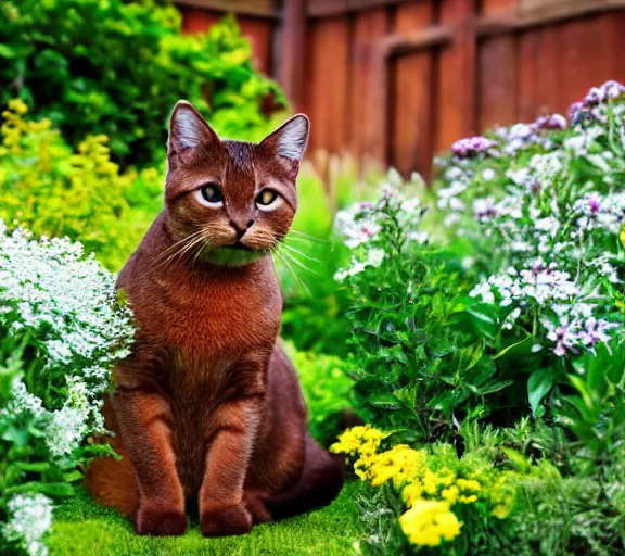 Image similar to photo - realistic picture of a brown cat in a garden.