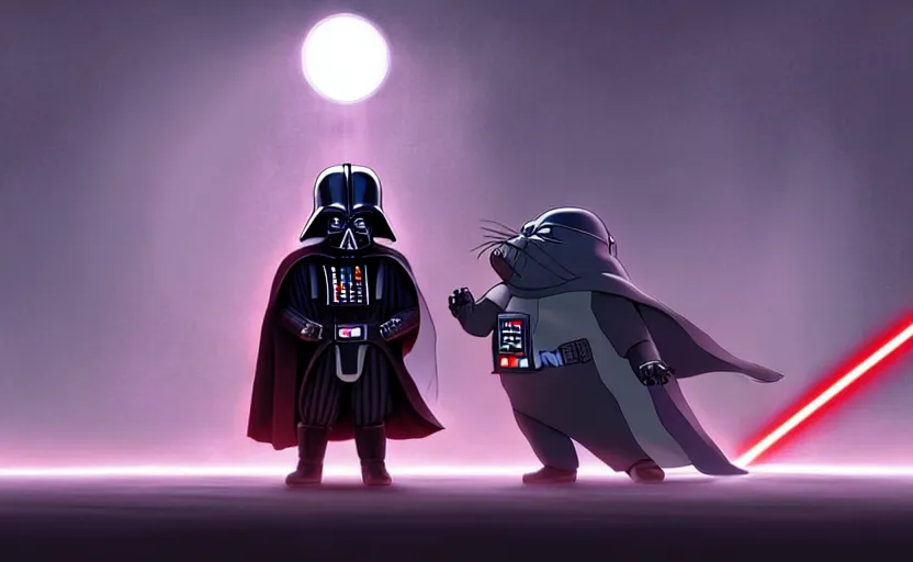 Image similar to darth vader force choking totoro in a space opera studio ghibli animated film, d & d, fantasy concept art, global illumination, interesting composition, volumetric lighting, art by enki bilial, highly detailed