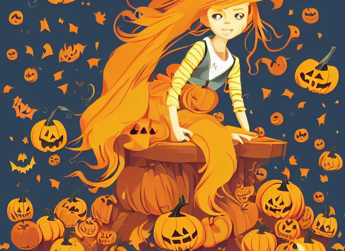 Prompt: little girl with long golden blonde hair sitting on a pile of halloween pumpkins and skulls. clean cel shaded vector art. behance hd by lois van baarle, artgerm, helen huang, by makoto shinkai and ilya kuvshinov, rossdraws, illustration, art by ilya kuvshinov