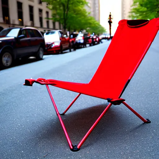 Image similar to a red camping chair in the middle fifth avenue.