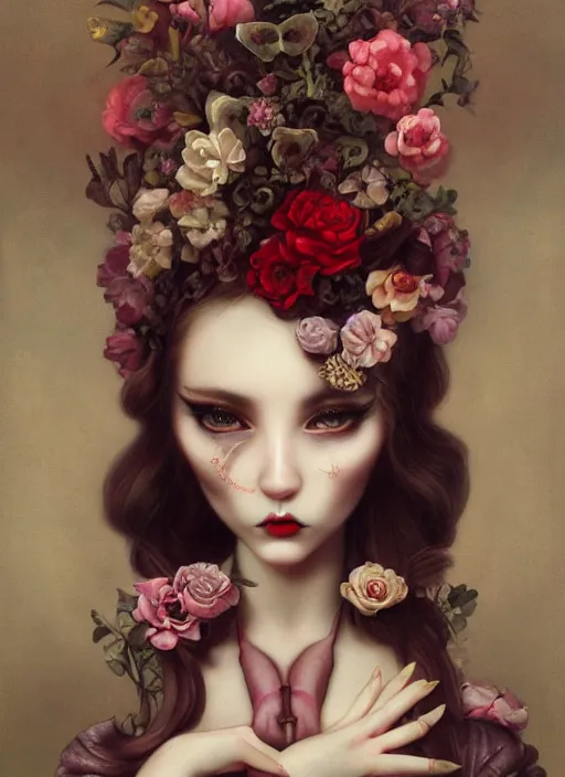 Image similar to pop surrealism, lowbrow art, realistic seductive cute woman painting, body harness, japanese shibari with flowers, hyper realism, muted colours, rococo, natalie shau, loreta lux, tom bagshaw, mark ryden, trevor brown style,