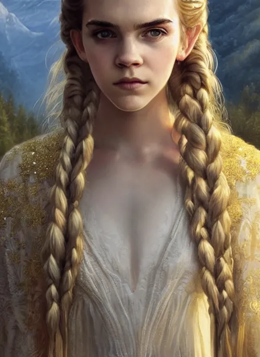 Prompt: ivory skin anya taylor - joy emma watson, symmetrical front view, long blond braided hair, white dress with golden embroideries, full body shot, mountain village background, highly detailed, sharp focus, illustration, art by aleksi briclot, magali villeneuve, greg rutkowski