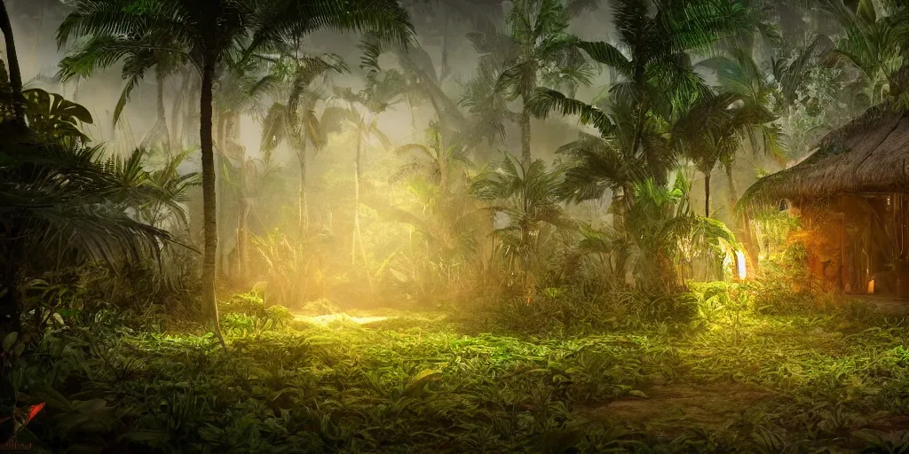 Image similar to tropical jungle, wall wood fortress, borderland style, Hyperrealistic CGI, Photorealistic, cinematic, volumetric lighting, fanart on ArtStation concept art