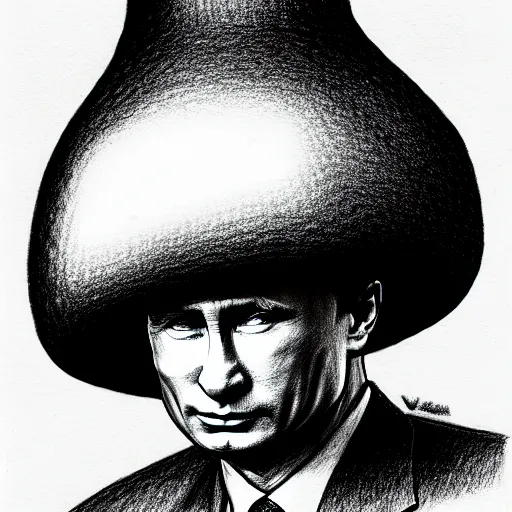 Image similar to vladimir putin wearing a nuclear mushroom cloud blast for a hat, cartoonish, ultra detailed pencil drawing, full perspective