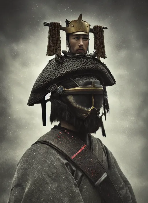Prompt: samurai portrait photo, wearing mempo mask, after a battle, dirt and unclean, extreme detail, cinematic, dramatic lighting render, photorealism photo by national geographic, tom bagshaw, masterpiece