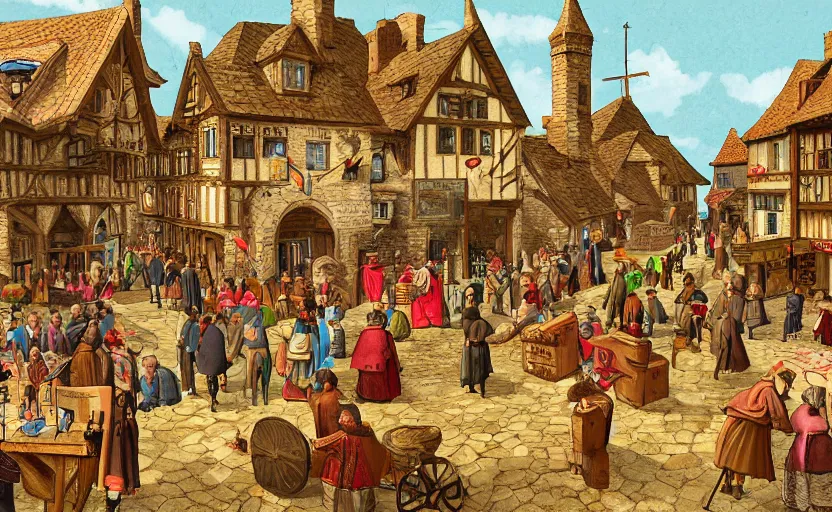 Image similar to central square of a medieval village, busy scene with lots of people engaged in trading various goods and services appropriate for the time. a beautiful digital illustration.