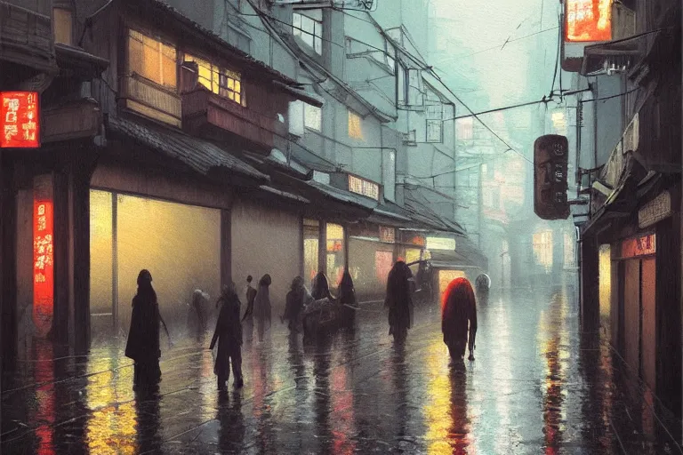 a painting of a rain soaked back street in osaka at | Stable Diffusion