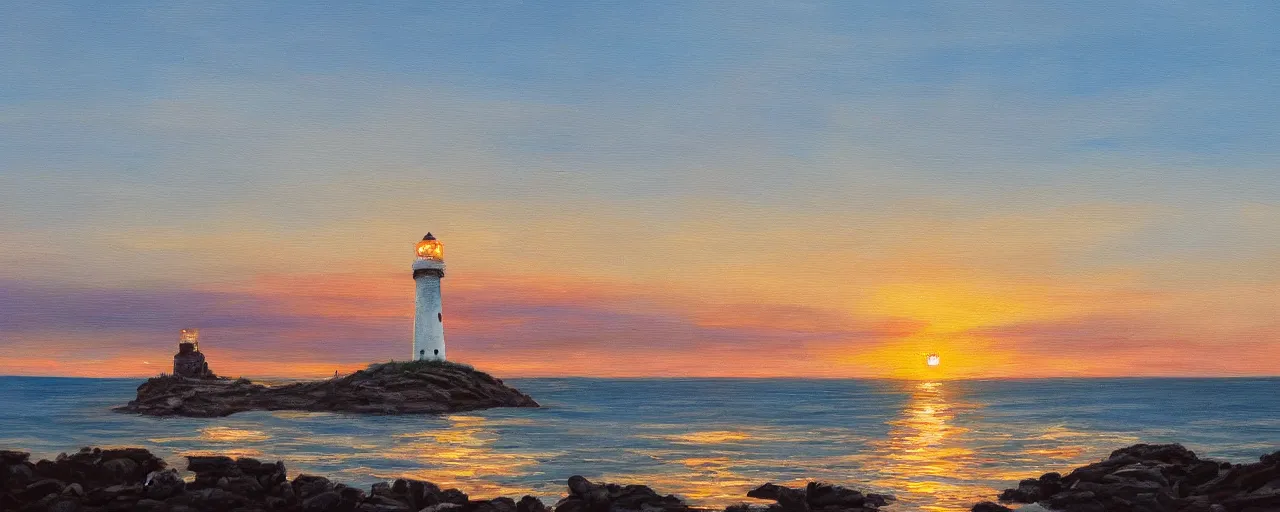 Image similar to A painting of a white lighthouse by the ocean at sunset