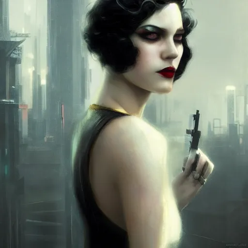 Prompt: femme fatale, beautiful young woman, 1 9 2 0 s, cyberpunk, high detail, dramatic light, digital art, dark, painted by seb mckinnon and greg rutkowski, trending on artstation