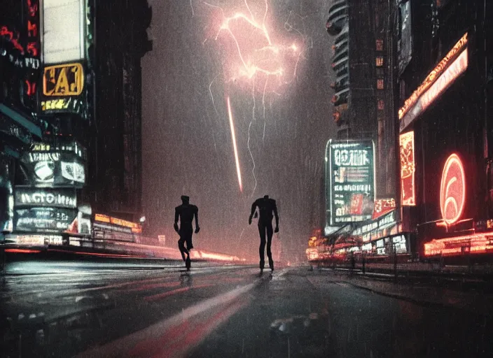 Image similar to a kodachrome photo of a tall huge metallic cyborg droid with glowing lights and sparks and lightning flying from inside, running sprinting on a rainy night in the city in the 1 9 5 0's, dramatic, seen from a distance, canon 5 0 mm, cinematic lighting, film, photography, award - winning, neon, cyberpunk, blade runner