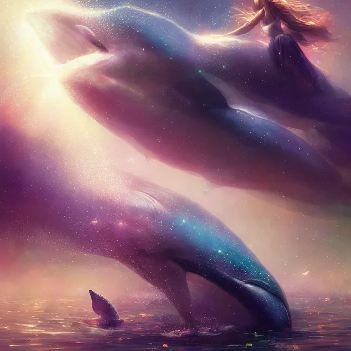 Image similar to glimmering whale, dolphins, cosmos, milky way galaxy, golden hour, god rays, coral reef, dreamscape by artgerm and ruan jia and ismail inceoglu and greg olsen, masterpiece, beautiful, intricate, elegant, highly detailed