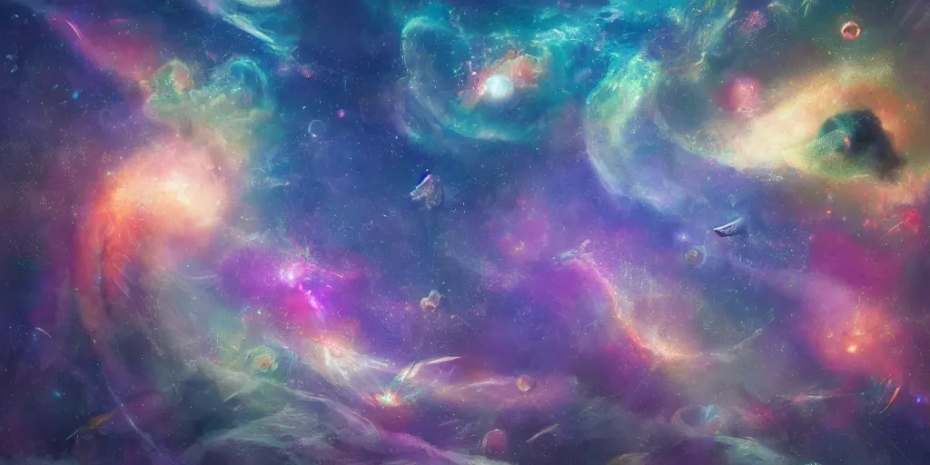 Prompt: painting of sea creatures swimming through space, sea turtles, sting rays whales, colorful nebulas, planets, 8 k resolution in the style of artem demura, moebius