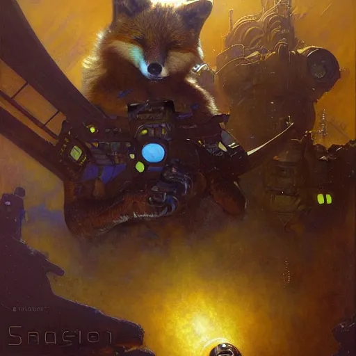 Image similar to portrait of a space fox. futuristic spaceship. shadowrun furaffiniy cyberpunk fantasy highly detailed painting by gaston bussiere craig mullins jc leyendecker gustav klimt artgerm greg rutkowski john berkey, bergey, craig mullins, ruan jia, raymond swanland, jeremy mann, tom lovell, alex malveda