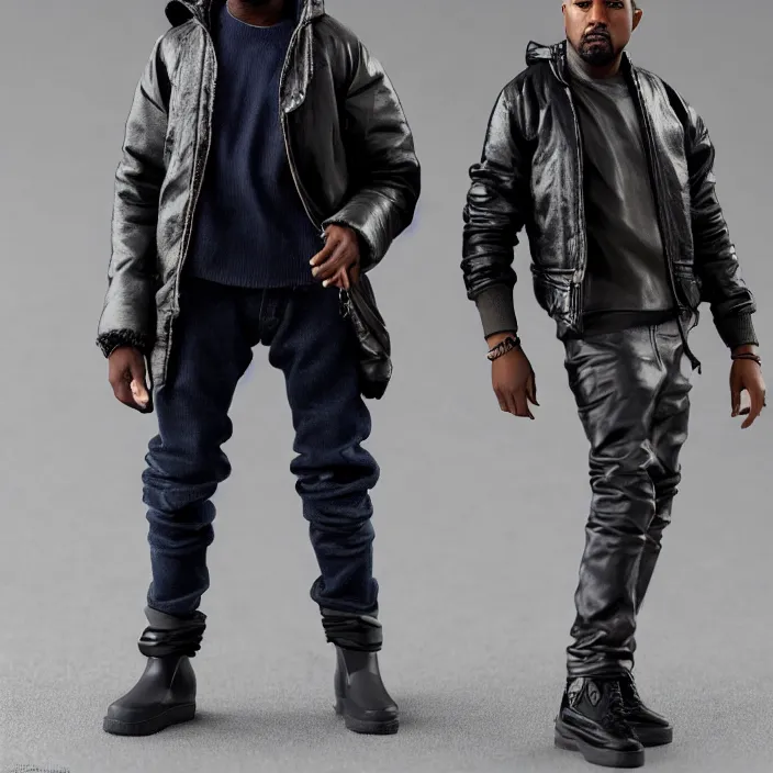 Image similar to a hot toys figure of kanye west using full face - covering cloth. a small, tight, undersized reflective bright blue round puffer jacket made of nylon. a black shirt underneath. dark jeans pants. a pair of big black rubber boots, figurine, detailed product photo