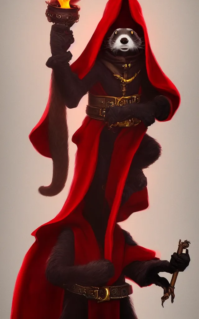 Image similar to a anthropomorphic ferret is a dark warlock dressed red robes, he's very menacing and evil, he's holding a fireball, hyperdetailed, artstation, cgsociety, 8 k
