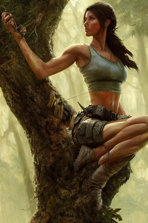 Prompt: lara croft sitting in a lotus position on a tree, foggy, close up, full body, backlit, oil painting, sunlit, paint texture, digital painting, highly detailed, artstation, sharp focus, illustration, concept art, ruan jia, charlie bowater, tom bagshaw, norman rockwell