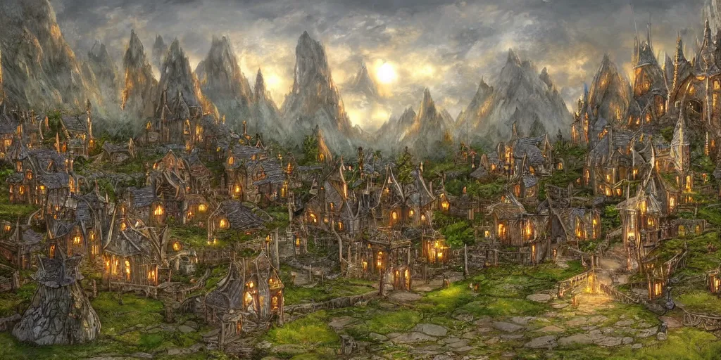 Prompt: high fantasy magical elven town village, gilroy gardens, art by john howe, alan lee, ted naismith, quinton hoover, j. r. r tolkien, lord of the rings, rpg, dungeons and dragons, elden ring, adventure, environment, smooth, sharp focus, deviantart, artstation