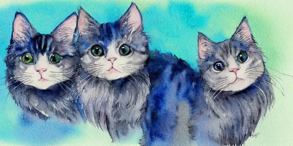 Image similar to watercolor illustration style, cute cats with blue wings