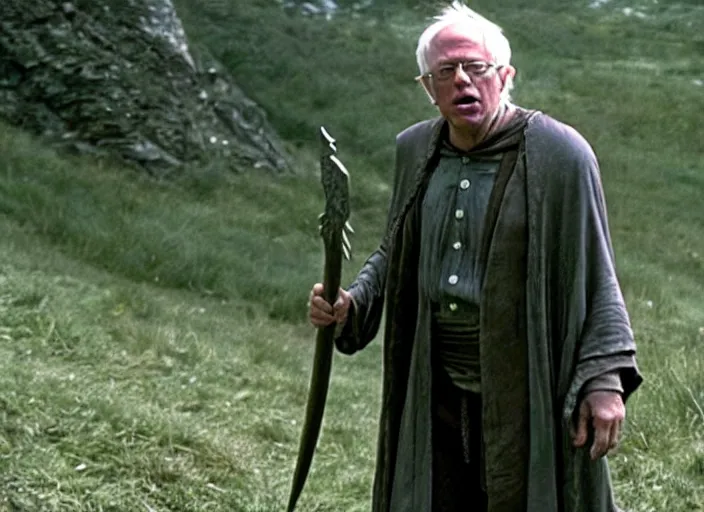 Image similar to film still of!!!!! bernie sanders!!!!! as aragorn in lord of the rings movie, 8 k