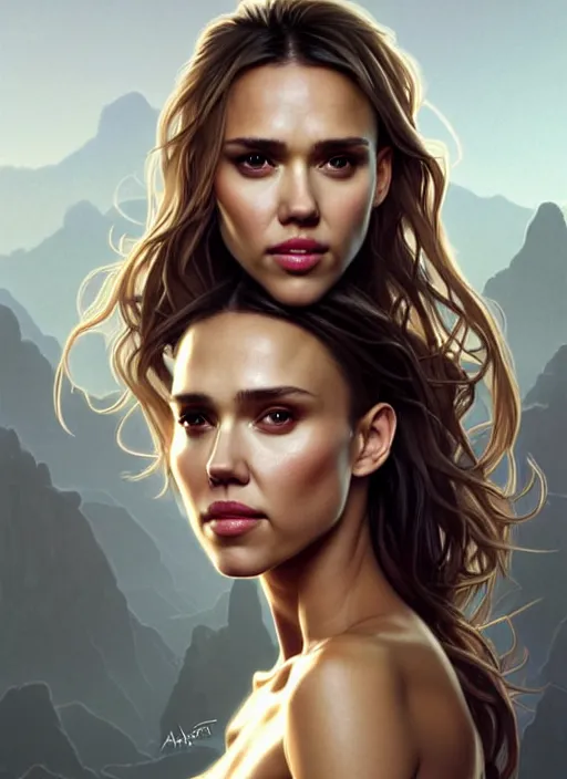 Prompt: half Jessica Alba half Nathalie Portman half scarlett johansonna pure attractive godess, full body portrait, slight smile, diffuse natural sun lights, autumn lights, highly detailed, digital painting, artstation, concept art, sharp focus, illustration, art by wlop and greg rutkowski and alphonse mucha and artgerm