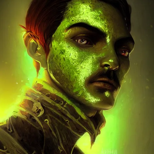 Image similar to atractive man face made of green lava and fire, cyberpunk fashion, character design humanoid, realistic shaded perfect face, fine details, very dark environment, misty atmosphere, closeup, d & d, fantasy, intricate, elegant, highly detailed, digital painting, artstation, hearthstone, art by artgerm and greg rutkowski and alphonse mucha, marvelous designer