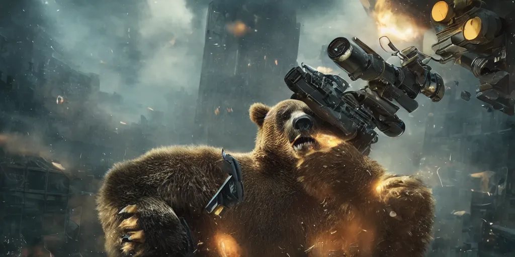 Image similar to bear holding a minigun and firing into a building, realistic 4 k octane beautifully detailed render, 4 k post - processing, highly detailed, intricate complexity, epic composition, magical atmosphere, cinematic lighting, masterpiece, ultra hd