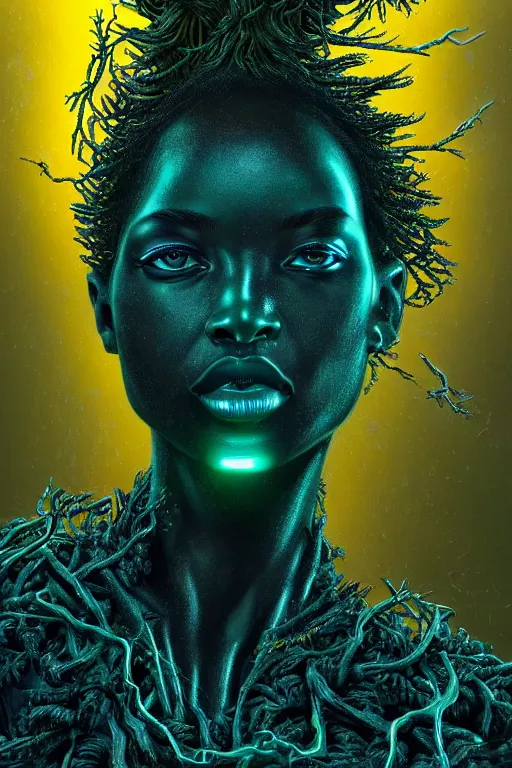 Image similar to hyperrealistic post - maximalist cinematic super expressive! black woman with exoskeleton armor, merging with tree in a forest, highly detailed digital art masterpiece, smooth cam de leon eric zener dramatic pearlescent soft teal yellow light, ground angle hd 8 k, sharp focus