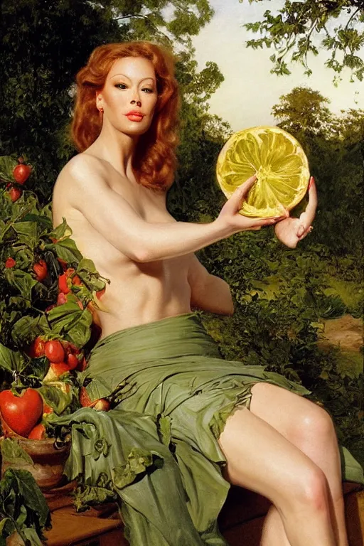 Prompt: Jenna Jameson holding a cucumber in a garden, golden hour, artstation, by J. C. Leyendecker and Peter Paul Rubens,