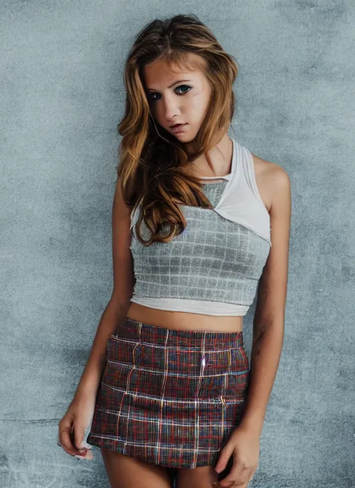 Prompt: gorgeous teen girl in plaid mini skirt and crop top tank top, beautiful face, intricate, extremely detailed, modeling photography, 8 0 mm camera, dramatic lighting, dark room, body and face