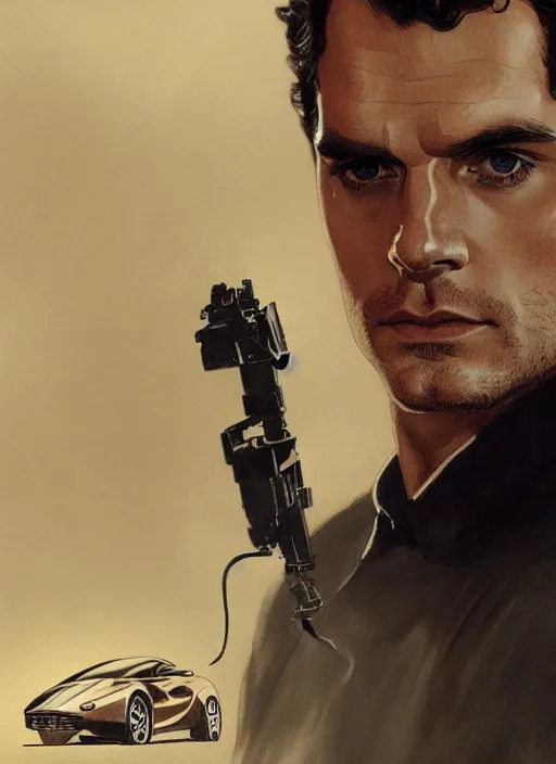 Prompt: portrait of henry cavill as james bond, key art, sprinting, palm trees, aston martin db 1 0, highly detailed, digital painting, artstation, concept art, cinematic lighting, sharp focus, illustration, by gaston bussiere alphonse mucha