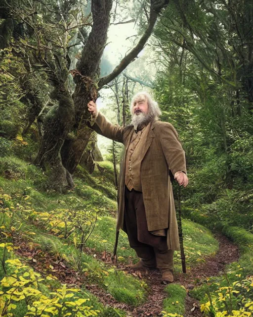 Image similar to photoshoot of peter jackson dressed as tom bombadil, lotr, tolkien, weta workshop style, hyperreal, soft focus, bokeh