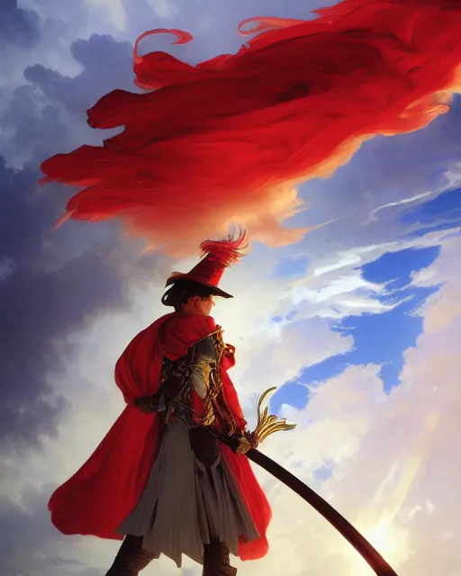 Image similar to A Full View of a Red Mage wearing striped shining armor and a feathered hat holding a staff of power surrounded by an epic cloudscape. Magus. Red Wizard. masterpiece. 4k digital illustration. by Ruan Jia and Artgerm and Andreas Rocha and William-Adolphe Bouguereau and Edmund Blair Leighton. award winning, Artstation, intricate details, realistic, Hyperdetailed, 8k resolution. Concept Painting. Key Art