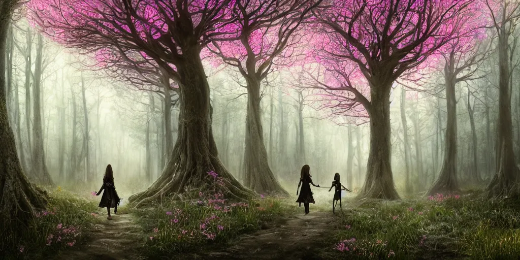 Prompt: a gothic elf woman of old walking through an open field with her staff in a beautiful forest of ancient neurons with yellow and pink glowing synapses running through the forest, huge incredibly immense trees, highly detailed, hyperrealism, ancient forest like fanal forest, misty forest, realistic painting, sharp image, hyper realistic art, cinematic, art by konstantin razumov, chiaroscuro