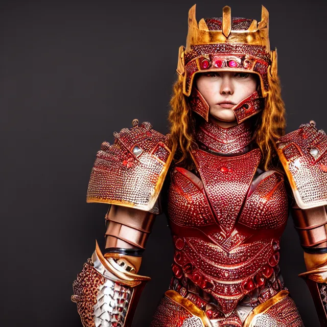 Image similar to full body photo of a beautiful cute strong warrior queen wearing ruby encrusted armour, highly detailed, 8 k, hdr, smooth, sharp focus, high resolution, award - winning photo